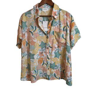 Heyson Womens Button Up Top Floral Chest Pocket Short Sleeve Mulitcolor Medium